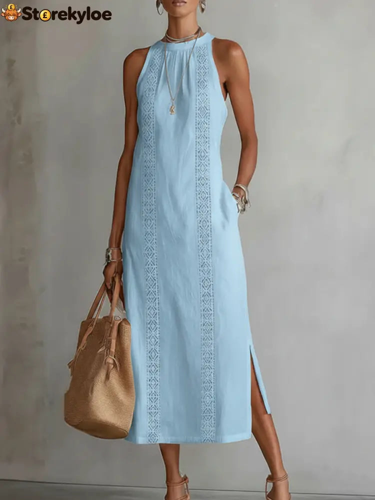 🌿 Retro Cozy Lace Minimalist Linen Dress - Blue / S