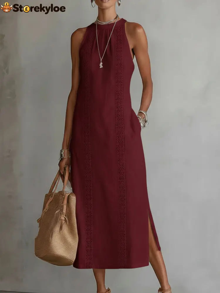 🌿 Retro Cozy Lace Minimalist Linen Dress - Burgundy / S
