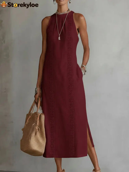 🌿 Retro Cozy Lace Minimalist Linen Dress - Burgundy / S