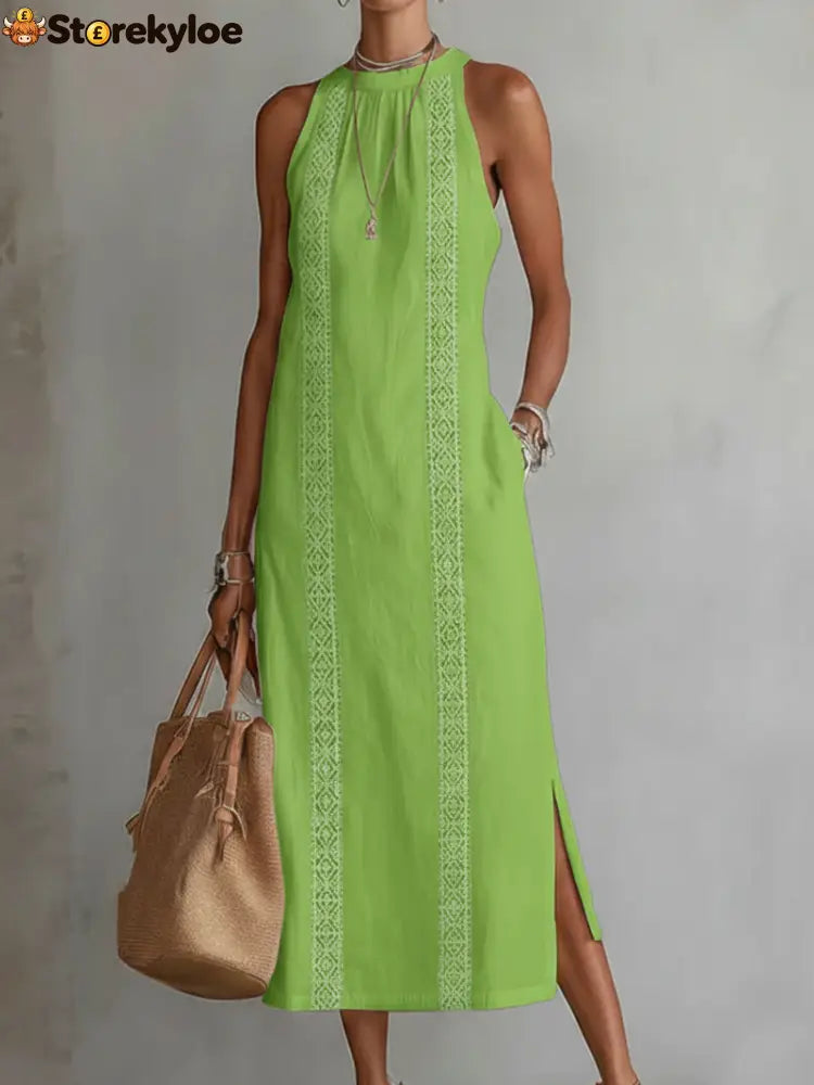 🌿 Retro Cozy Lace Minimalist Linen Dress - Green / S