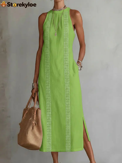 🌿 Retro Cozy Lace Minimalist Linen Dress - Green / S