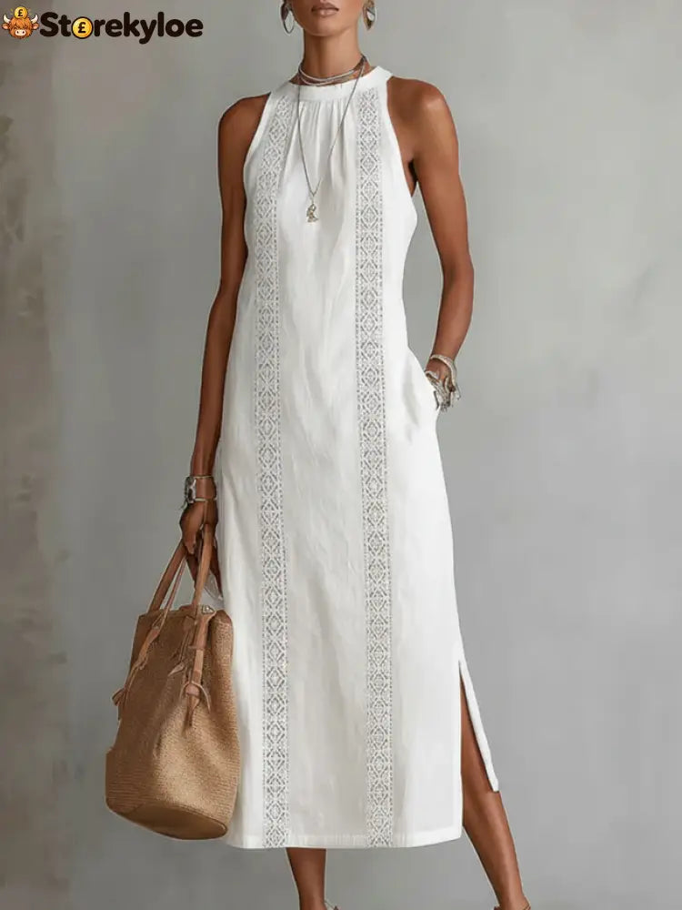 🌿 Retro Cozy Lace Minimalist Linen Dress - White / S