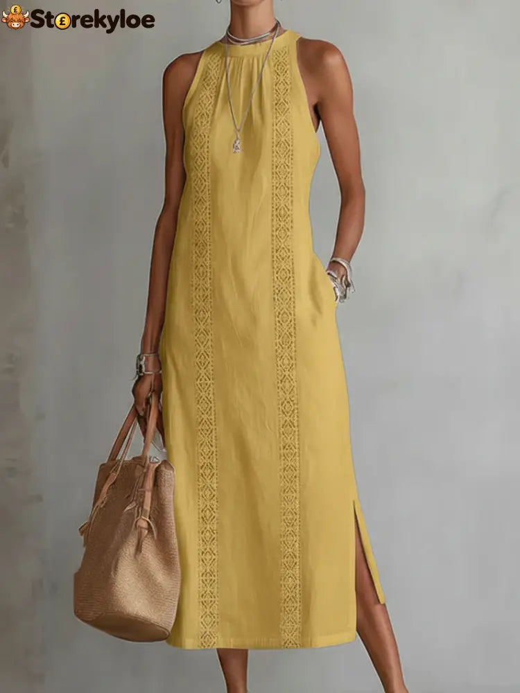 🌿 Retro Cozy Lace Minimalist Linen Dress - Yellow / S