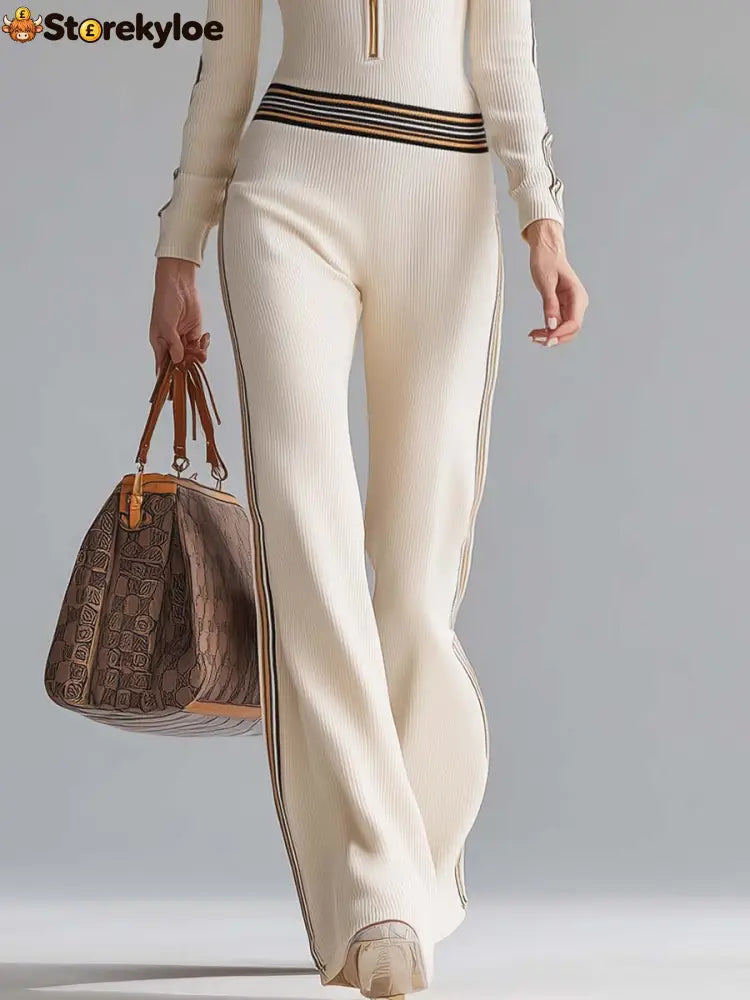 Retro Fashion Sports Hooded V-neck Front Zipper Off-white Knitted Jumpsuit