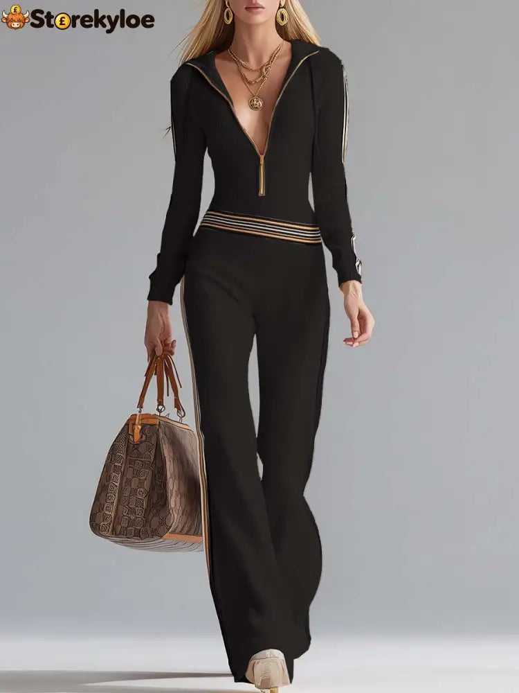Retro Fashion Sports Hooded V-neck Front Zipper Off-white Knitted Jumpsuit - Black / S