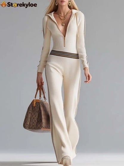 Retro Fashion Sports Hooded V-neck Front Zipper Off-white Knitted Jumpsuit - Off-white / S