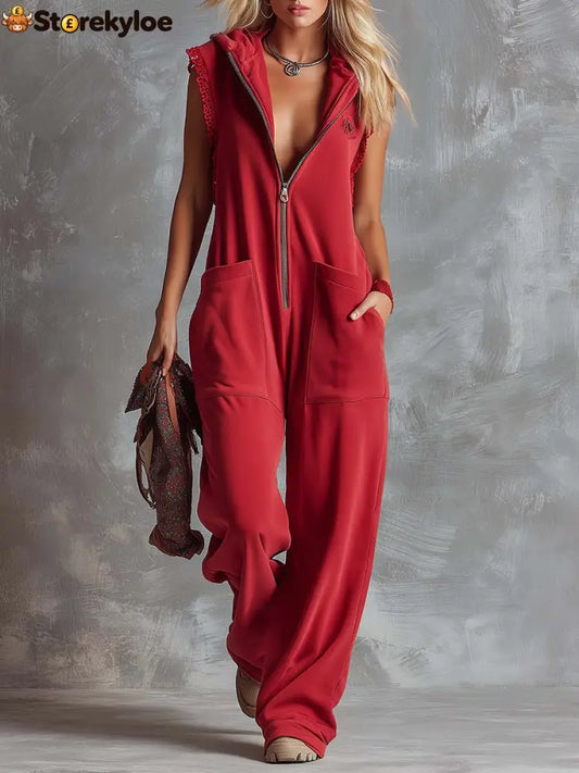 Retro Fashiona Sporty Hooded V-neck Front Zipper Raspberry Red Cotton Jumpsuit - Raspberry Red / XS