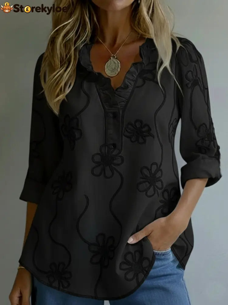 Retro Romantic Ruffled Collar Floral Shirt - Black / S