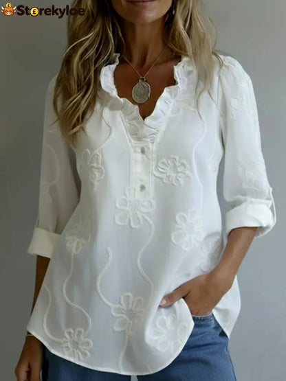 Retro Romantic Ruffled Collar Floral Shirt - White / S
