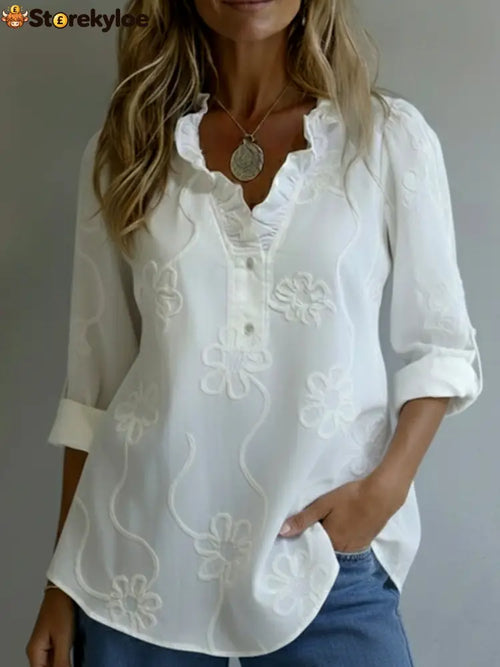 Retro Romantic Ruffled Collar Floral Shirt - White / S