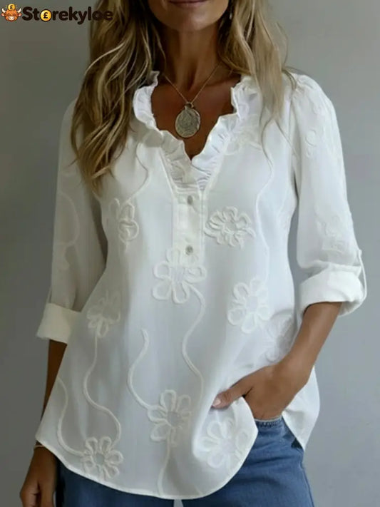 Retro Romantic Ruffled Collar Floral Shirt - White / S