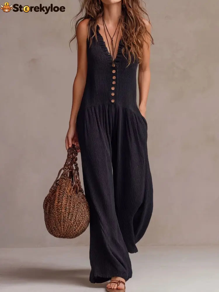 Retro Ruffle Neck Knitted Jumpsuit - Black / S