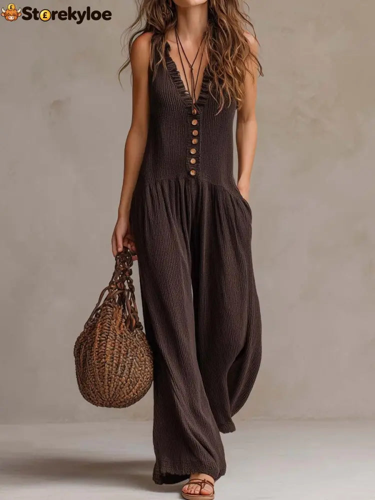 Retro Ruffle Neck Knitted Jumpsuit - Brown / S