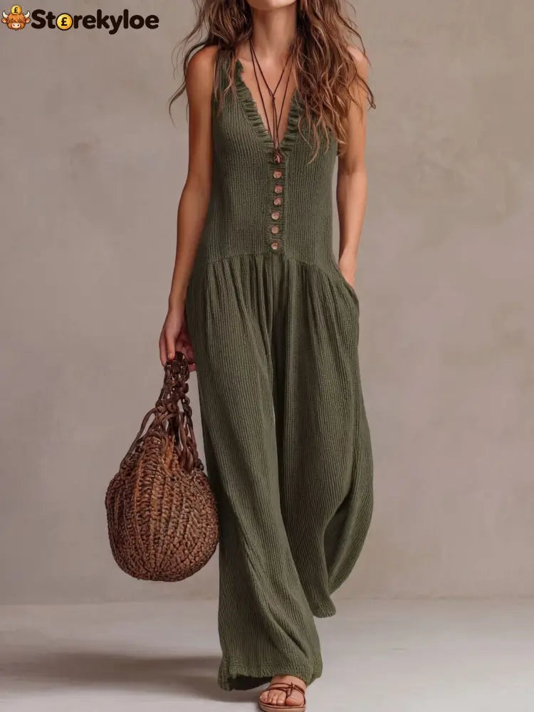 Retro Ruffle Neck Knitted Jumpsuit - Green / S