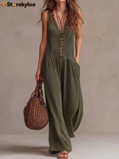 Retro Ruffle Neck Knitted Jumpsuit - Green / S