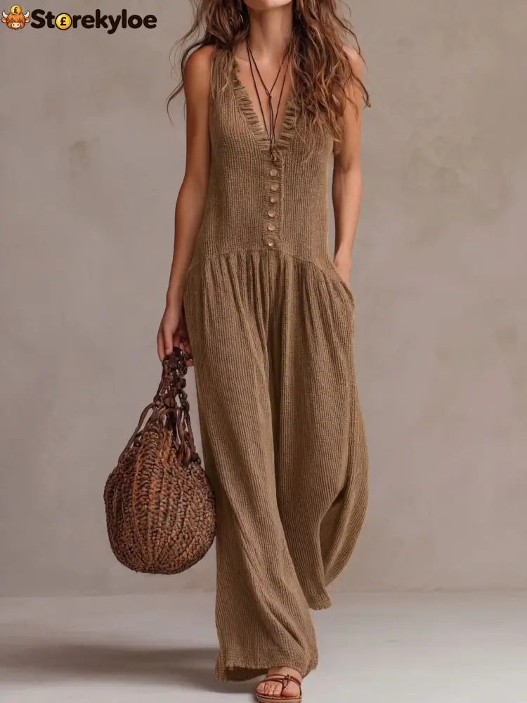 Retro Ruffle Neck Knitted Jumpsuit - Khaki / S