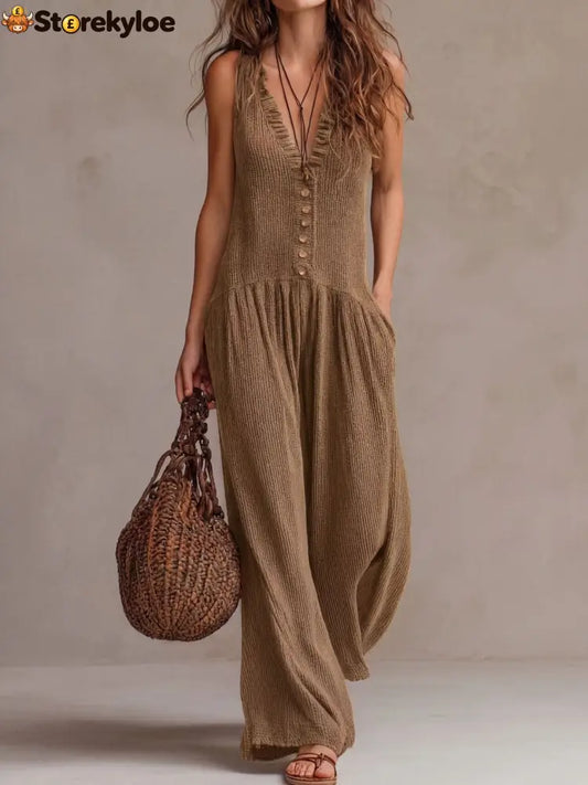 Retro Ruffle Neck Knitted Jumpsuit - Khaki / S