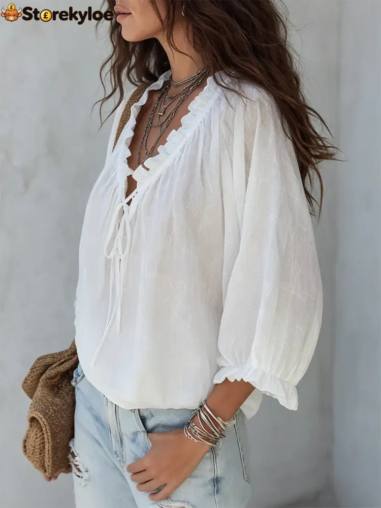 Retro Ruffled V-neck Tie-front Blouse