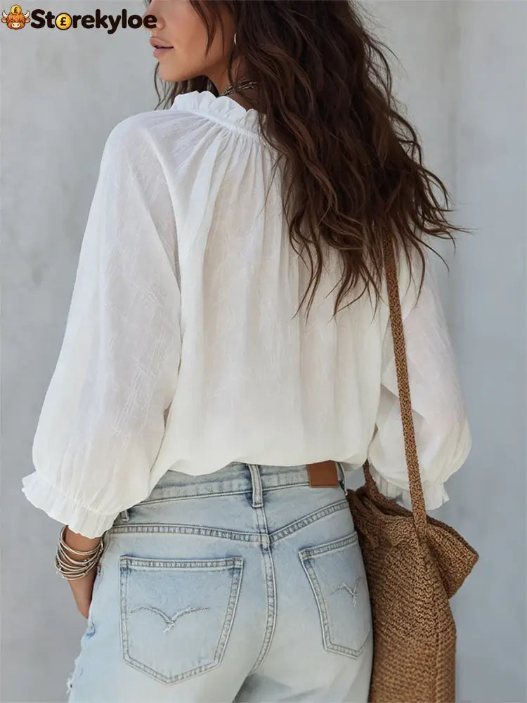 Retro Ruffled V-neck Tie-front Blouse
