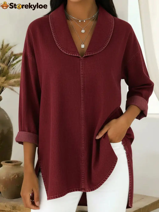 Retro Shawl Collar Denim Cotton Top - Red / S