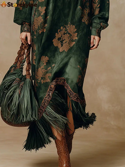 Retro Silhouette Printed Green Faux Suede Tassel Maxi Dress