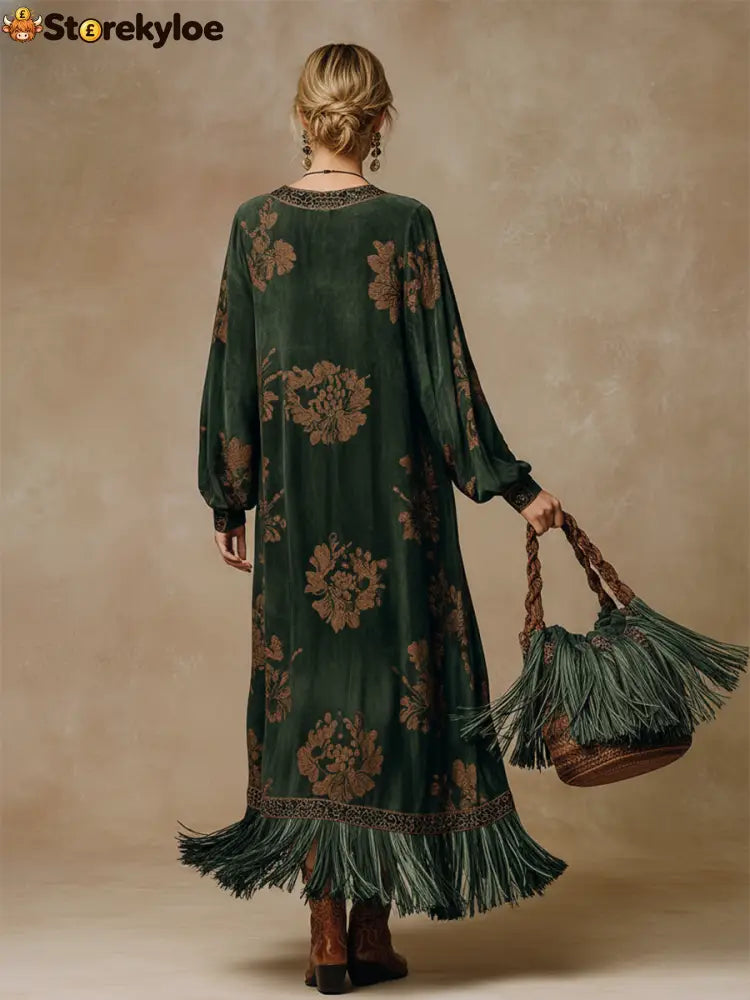 Retro Silhouette Printed Green Faux Suede Tassel Maxi Dress