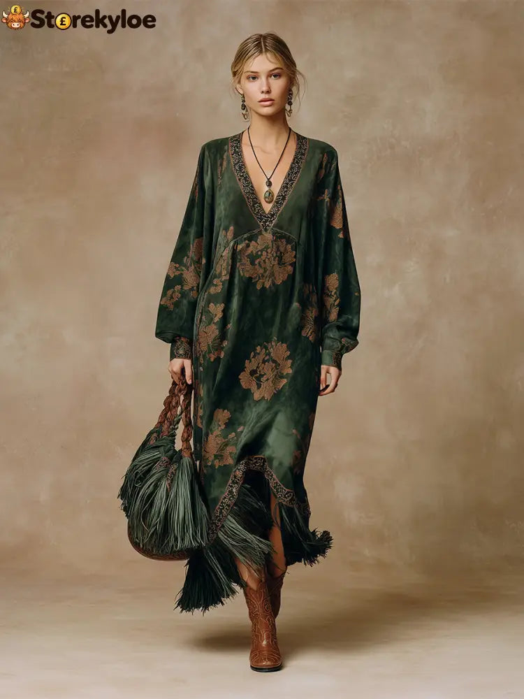 Retro Silhouette Printed Green Faux Suede Tassel Maxi Dress
