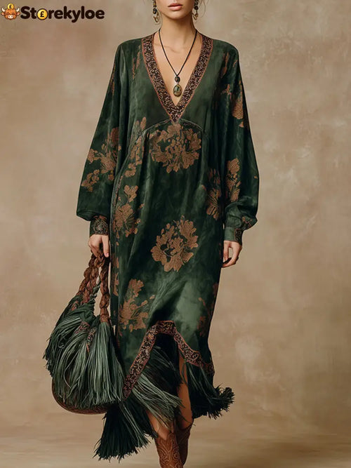 Retro Silhouette Printed Green Faux Suede Tassel Maxi Dress - Green / S