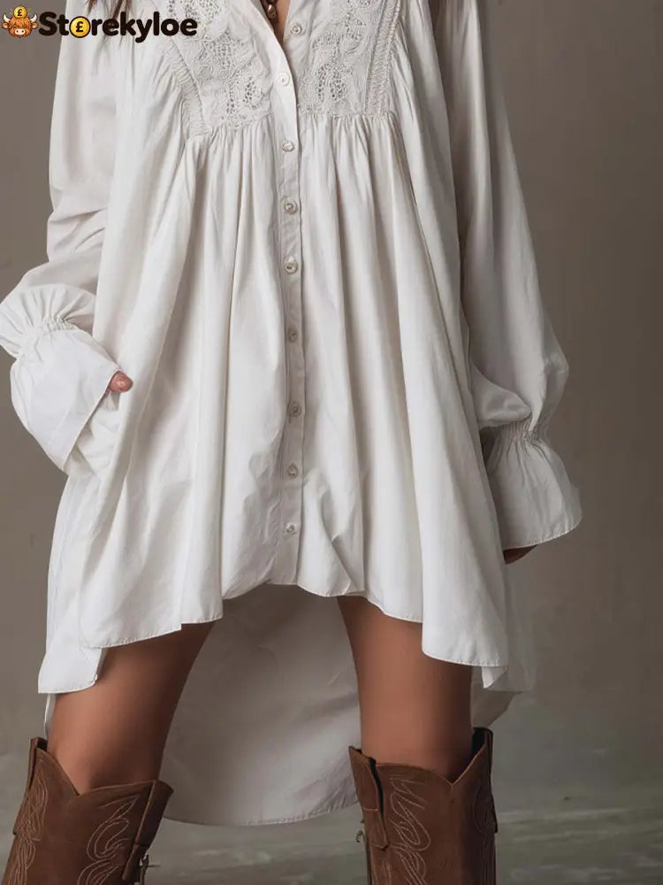 Retro-style Lace Irregular Hem Long-sleeved Mini Dress
