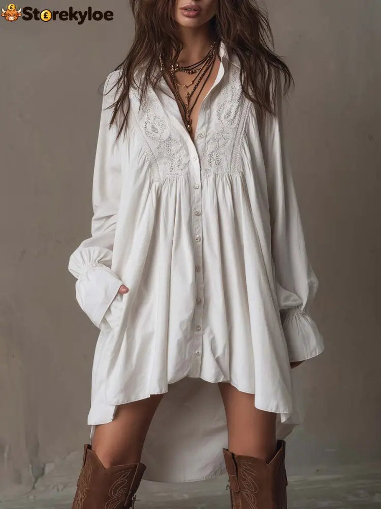 Retro-style Lace Irregular Hem Long-sleeved Mini Dress - White / XS