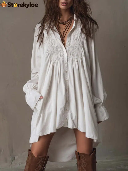 Retro-style Lace Irregular Hem Long-sleeved Mini Dress - White / XS