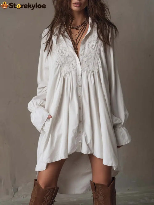 Retro-style Lace Irregular Hem Long-sleeved Mini Dress - White / XS