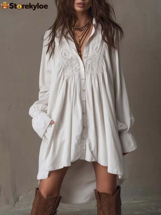 Retro-style Lace Irregular Hem Long-sleeved Mini Dress - White / XS