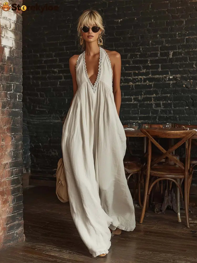 Retro Urban Bohemian V-neck Lace Trim Sleeveless Off-white Cotton Jumpsuit