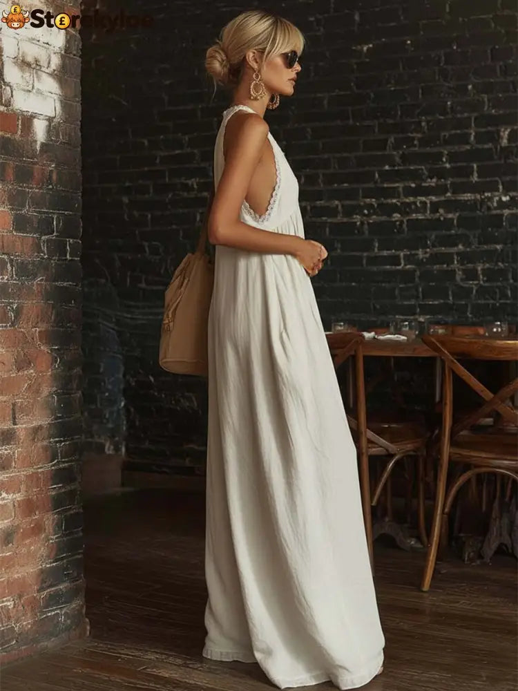 Retro Urban Bohemian V-neck Lace Trim Sleeveless Off-white Cotton Jumpsuit
