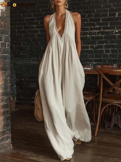 Retro Urban Bohemian V-neck Lace Trim Sleeveless Off-white Cotton Jumpsuit - Off-white / XS