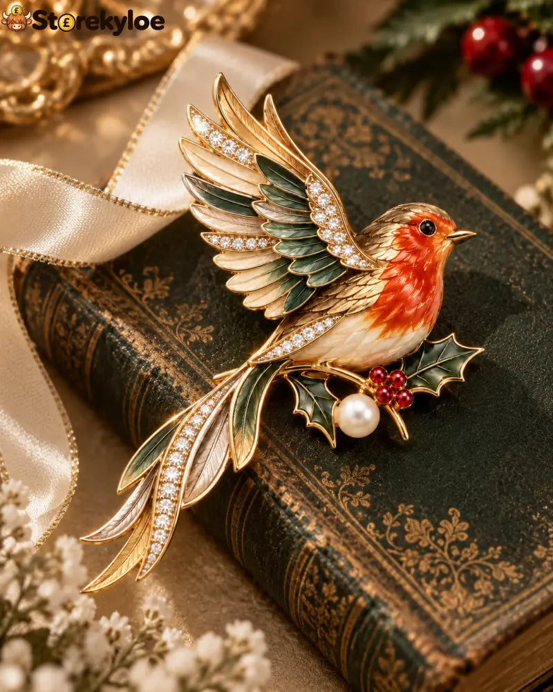 🤍🍃Robin & Holly Crystal Brooch – A Little British Winter Charm to Wear: A graceful red-breasted robin brooch with holly