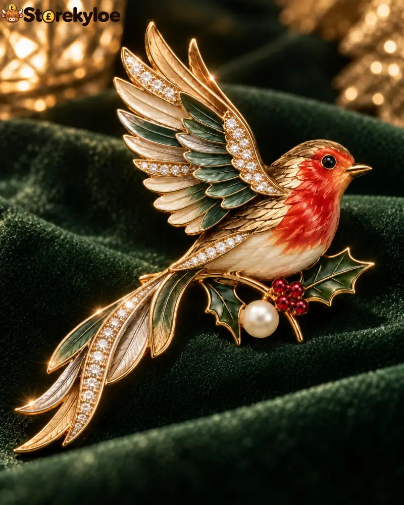 🤍🍃Robin & Holly Crystal Brooch – A Little British Winter Charm to Wear: A graceful red-breasted robin brooch with holly