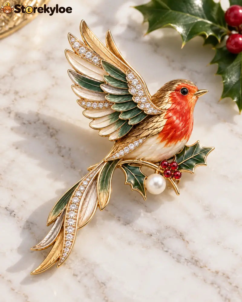 🤍🍃Robin & Holly Crystal Brooch – A Little British Winter Charm to Wear: A graceful red-breasted robin brooch with holly