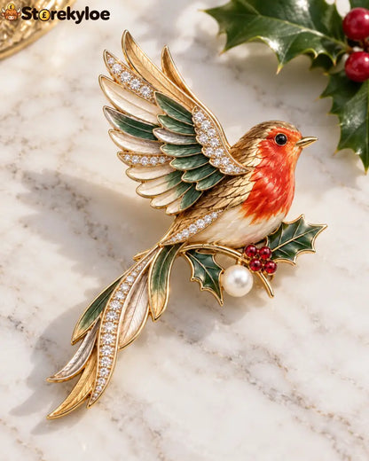 🤍🍃Robin & Holly Crystal Brooch – A Little British Winter Charm to Wear: A graceful red-breasted robin brooch with holly