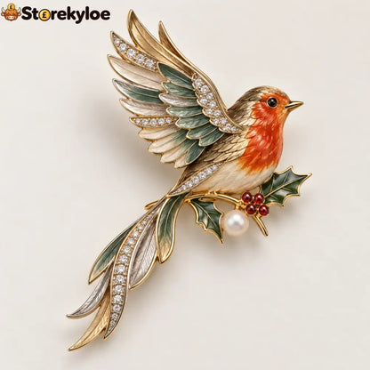 🤍🍃Robin & Holly Crystal Brooch – A Little British Winter Charm to Wear: A graceful red-breasted robin brooch with holly