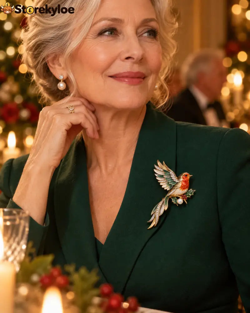 🤍🍃Robin & Holly Crystal Brooch – A Little British Winter Charm to Wear: A graceful red-breasted robin brooch with holly