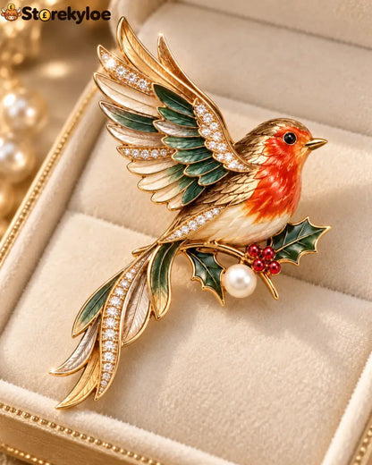 🤍🍃Robin & Holly Crystal Brooch – A Little British Winter Charm to Wear: A graceful red-breasted robin brooch with holly