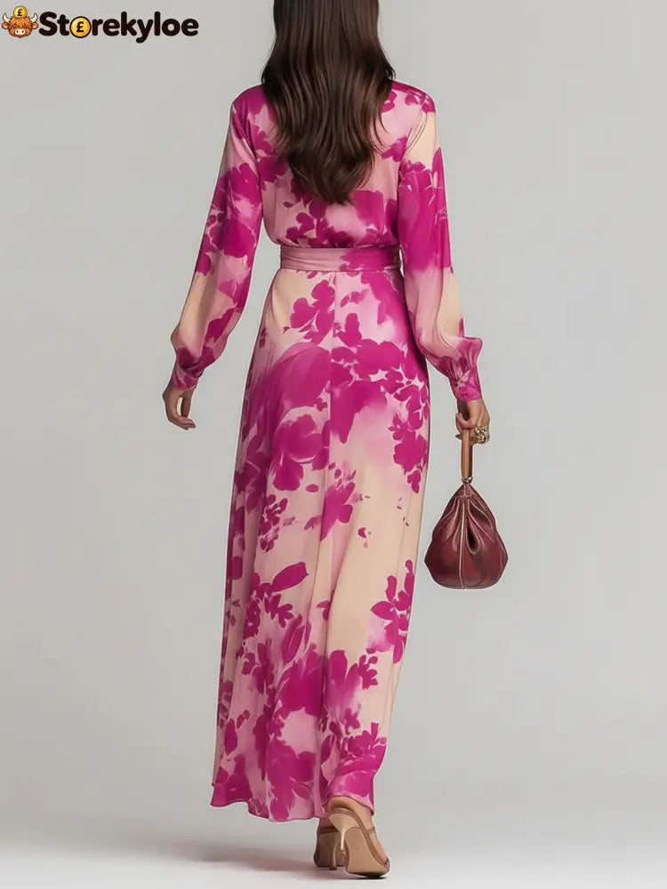 Rose Red Floral V-neck Belted Maxi Dress