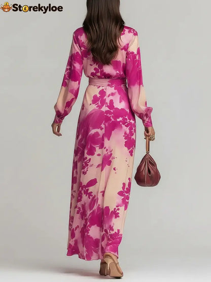 Rose Red Floral V-neck Belted Maxi Dress