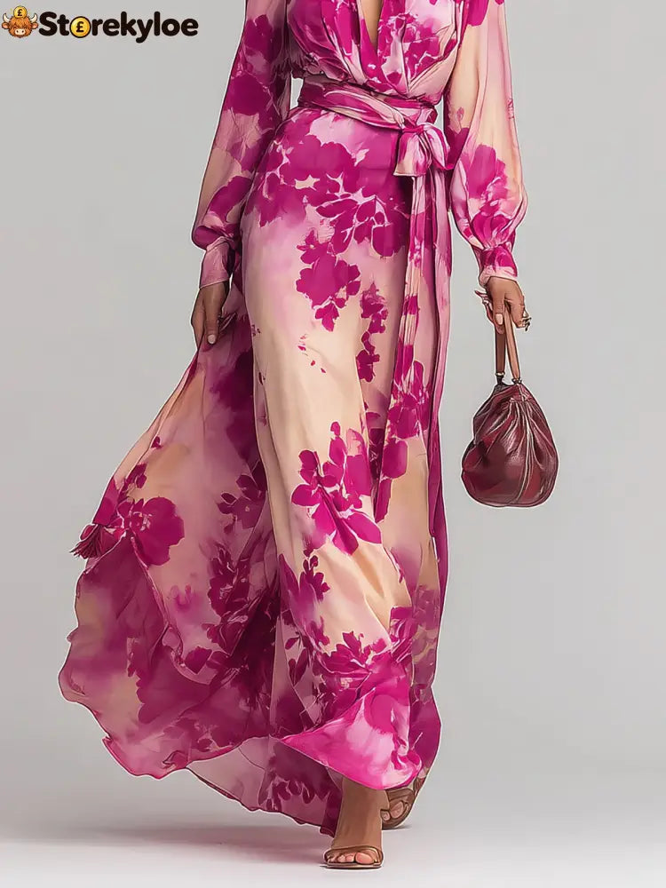 Rose Red Floral V-neck Belted Maxi Dress