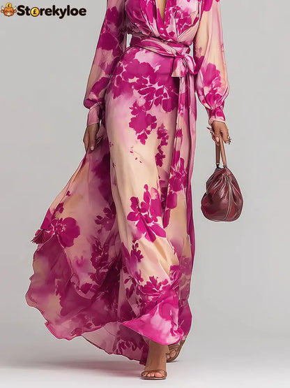 Rose Red Floral V-neck Belted Maxi Dress