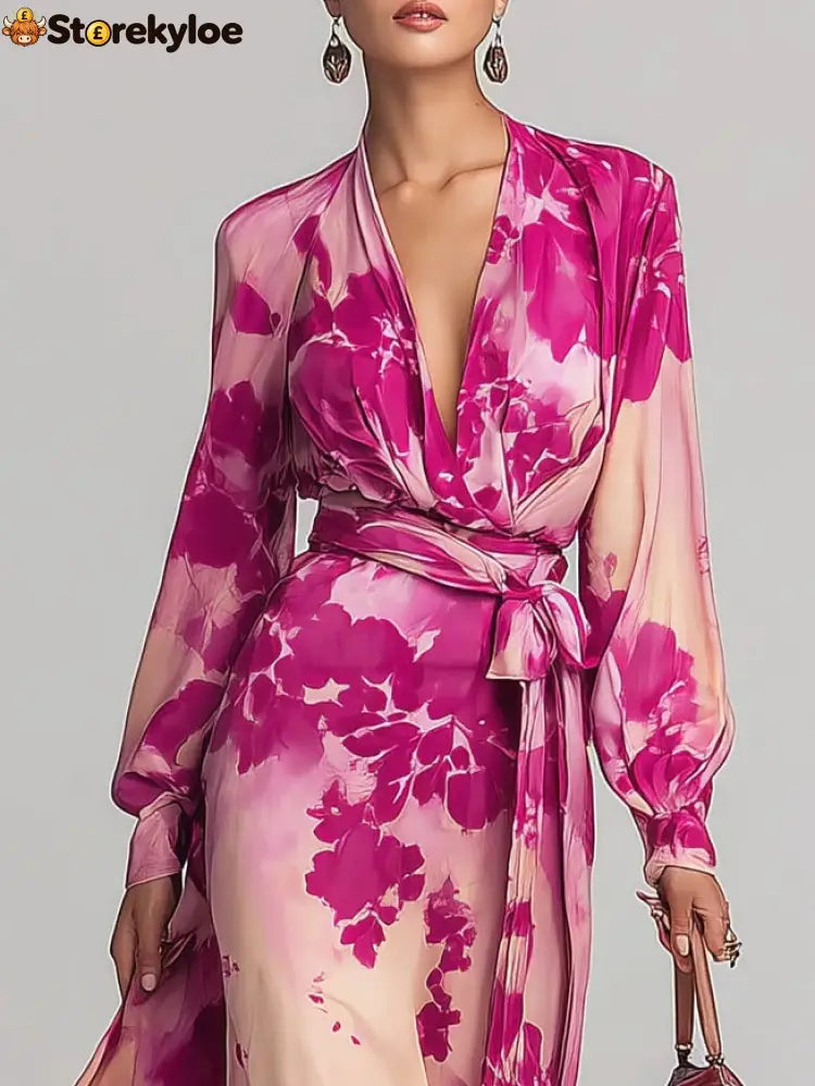 Rose Red Floral V-neck Belted Maxi Dress