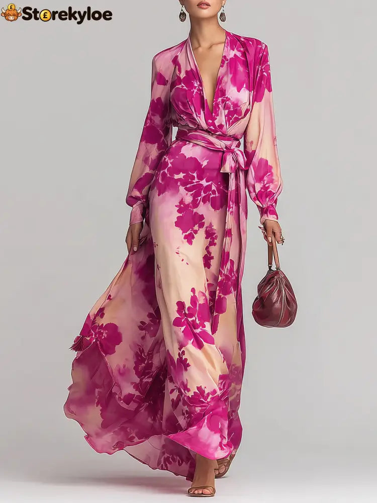 Rose Red Floral V-neck Belted Maxi Dress - Rose Red / XS(2)