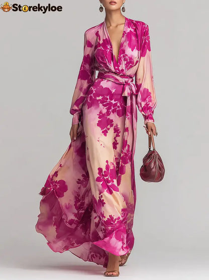 Rose Red Floral V-neck Belted Maxi Dress - Rose Red / XS(2)